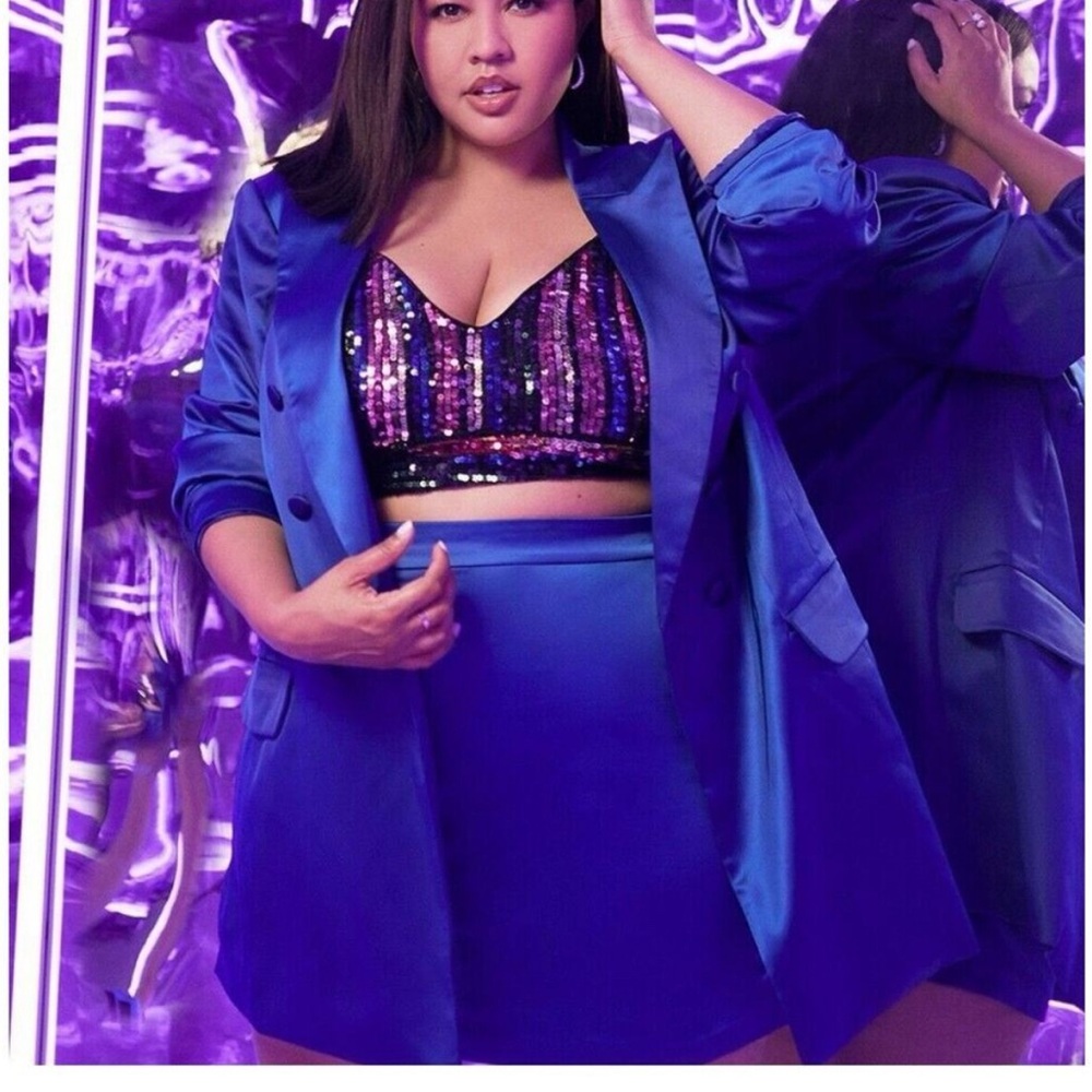 Eloquii Double Breasted Blazer Jacket Plus Size 18 Blue Satin